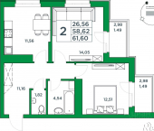2-комн, 58 кв м, этаж 14/24 Комсомольская улица, 2 к2